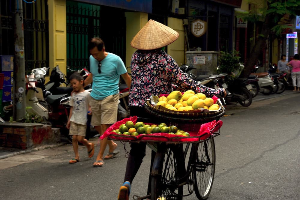 asian woman transporting groceries on a bicycle