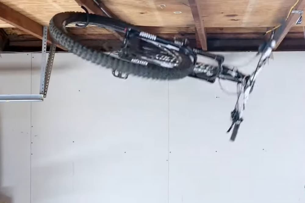 hanging bike at garage ceiling